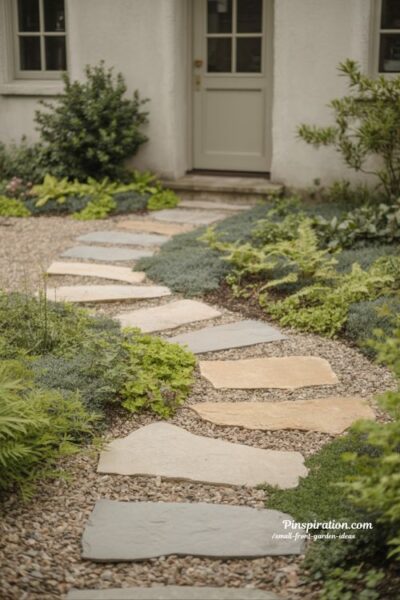 Small front garden ideas with stone path elegance and soft greenery border design
