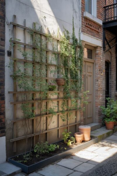 Small front garden ideas with vertical green wall and climbing plants for narrow spaces