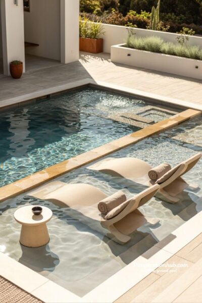 Small inground pool with tanning ledge and baja shelf for family backyard design