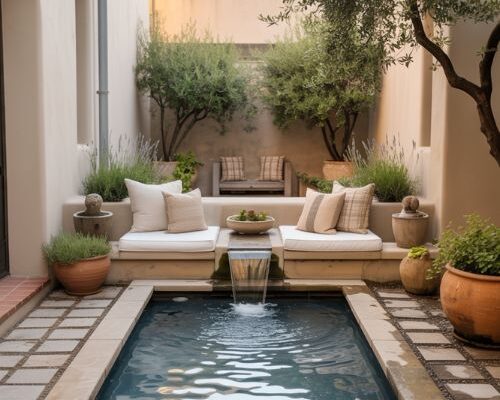 Small pools backyard design with warm modern mediterranean courtyard style