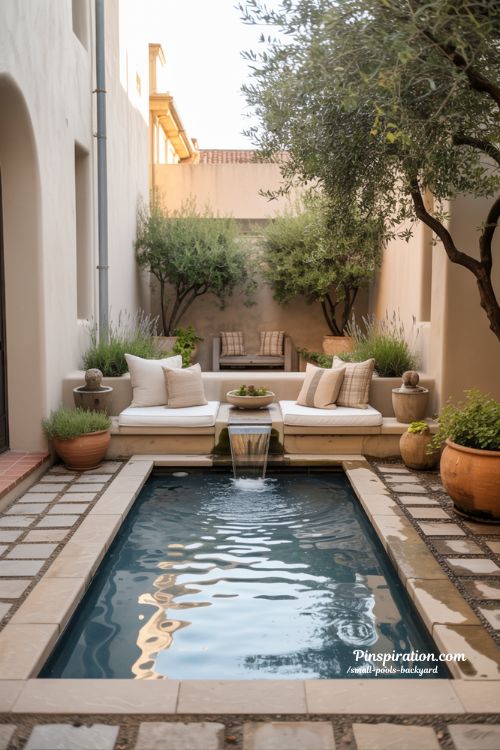 Small pools backyard design with warm modern mediterranean courtyard style
