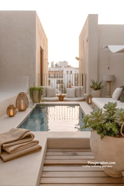 Small rooftop swimming pool ideas for compact urban spaces with cozy luxury design
