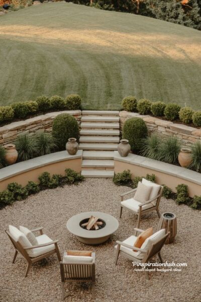 Small sloped backyard courtyard with gravel fire pit and raised lawn terrace ideas