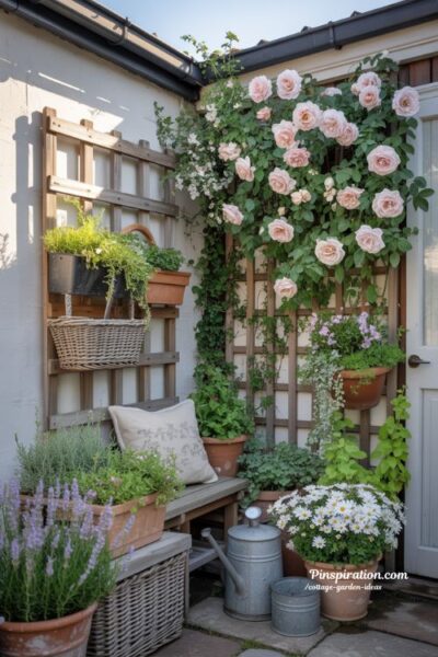 Small space cottage garden ideas with vertical flowers and cozy patio layers