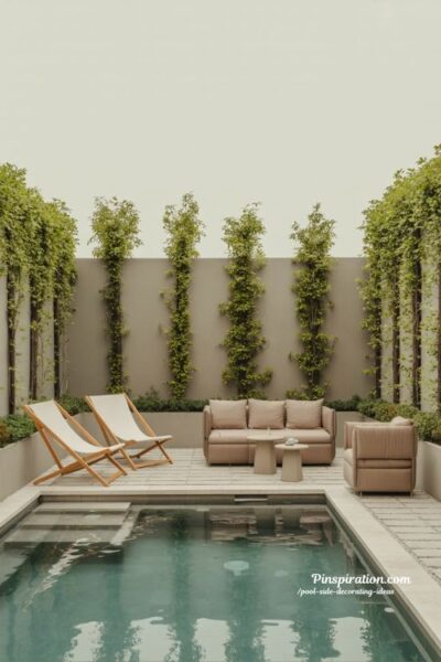 Small space pool styling ideas with vertical plants and smart compact backyard layout