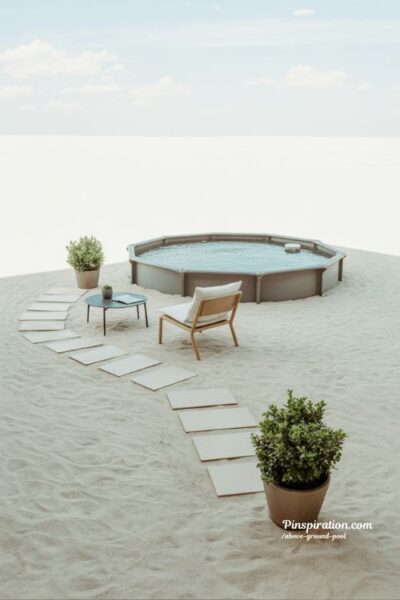 Small yard above ground pool ideas with round pool and light open backyard design