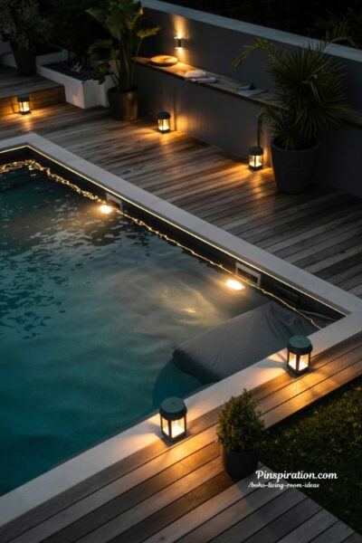 Soft evening lighting above ground pool design with warm garden lamps and calm modern backyard night atmosphere