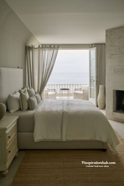 Soft gray and white coastal master bedroom with balcony and fireplace