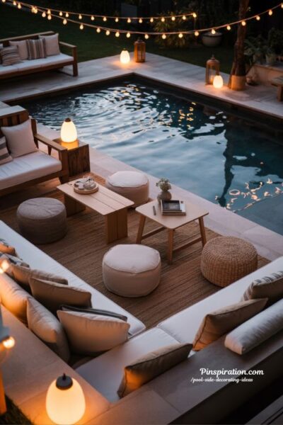 Soft nighttime pool side comfort ideas with warm lighting and calm backyard atmosphere