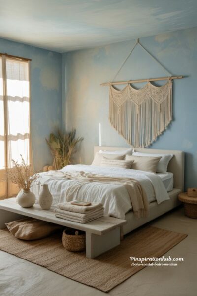 Soft sea glass boho coastal bedroom with dusty blue walls jute rug and macrame wall hanging