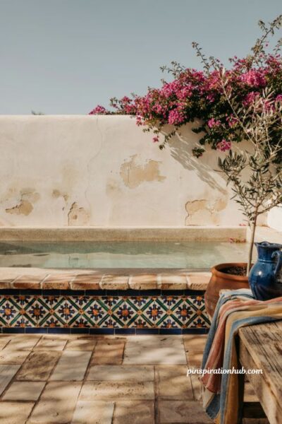 Spanish style natural pool with hand painted mosaic tile waterline and terracotta garden courtyard