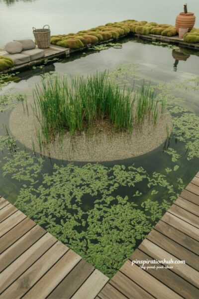Specimen aquatic plant natural swimming pond with dense regeneration zone and diy pond pool large plant design