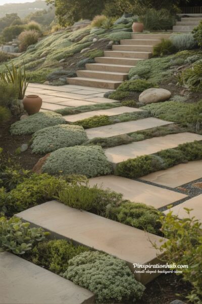 Stepped concrete path ideas for sloped backyard with thyme groundcover and modern landscaping