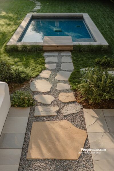 Stone pathway backyard above ground pool design with natural flow and modern landscaped outdoor structure