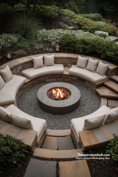 Sunken fire pit area built into a sloped backyard with curved seating