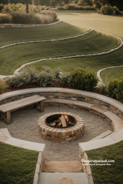 Sunken fire pit ideas for sloped backyard with lawn terraces and amphitheatre seating