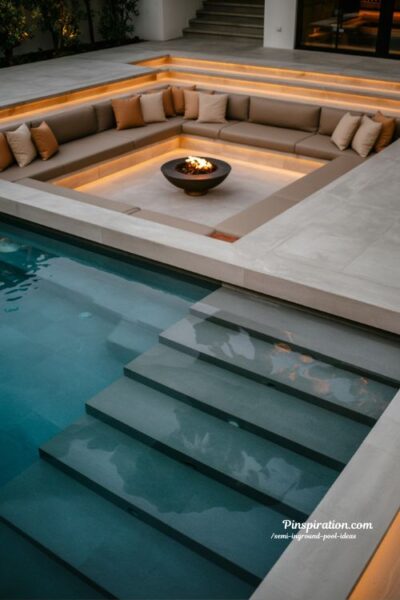 Sunken lounge inground pool ideas for cozy spaces with warm lighting and intimate modern backyard gathering design