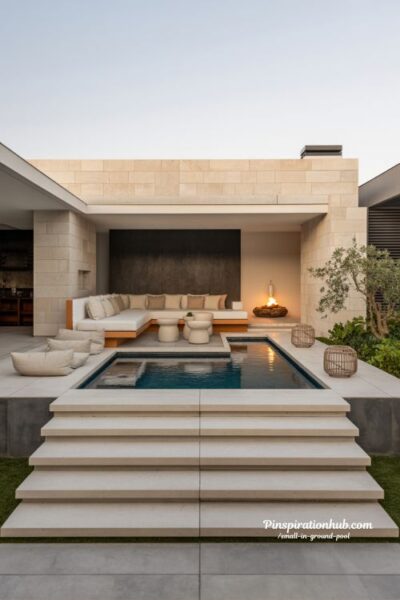 Sunken small backyard pool with built in lounge and fire feature