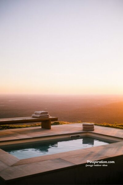 Sunset view jacuzzi outdoor ideas with open horizon and peaceful evening backyard spa design