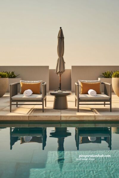 Symmetrical aluminum chaise lounge set creating a luxury pool deck design