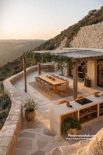 Terraced outdoor dining patio for sloped backyard with pergola and views