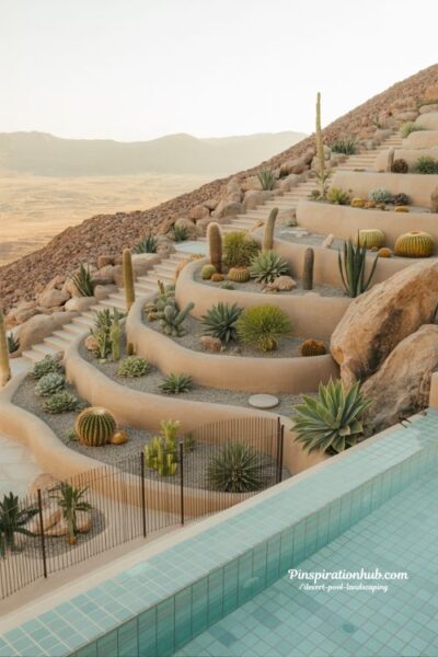 Terraced succulent hillside with glass tile infinity pool in desert landscape