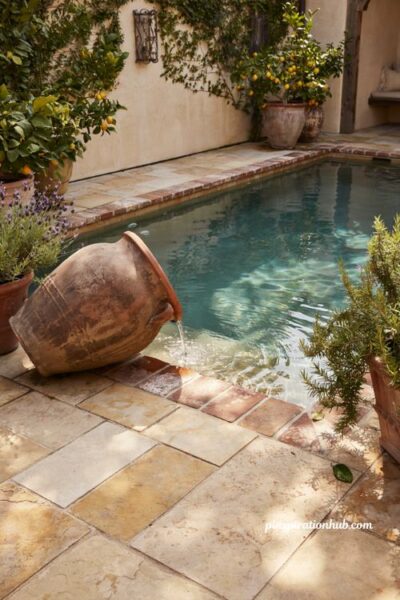 Terracotta urn planters with spillover water feature along spanish pool edge