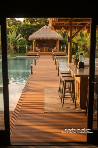 Tiki bar above ground pool deck backyard party setup with tropical lighting