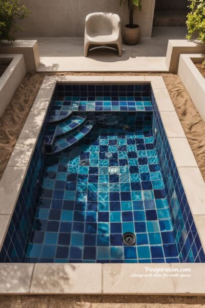 Tiled plunge pool ideas with bold color personality and modern backyard design
