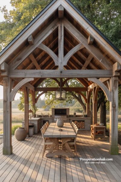 Timber-framed pavilion deck cover with rustic farmhouse outdoor living space