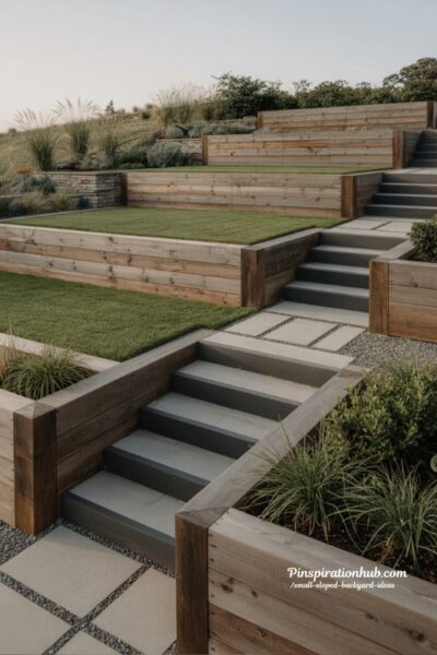 Timber retaining wall ideas for sloped backyard with stacked lawn terraces and modern landscaping