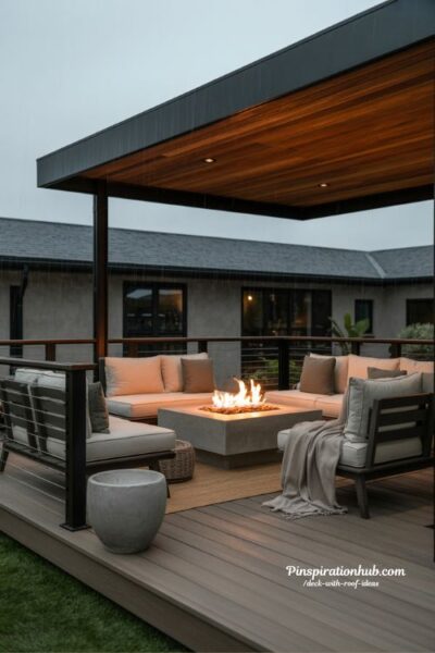Transitional covered deck with modern fire pit and cozy outdoor lounge design