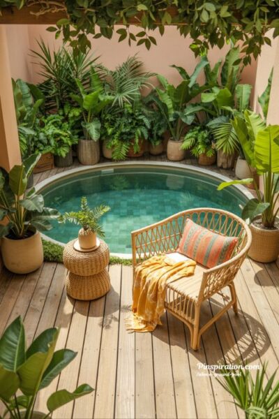 Tropical above ground pool ideas with lush plants rattan seating and vibrant backyard oasis