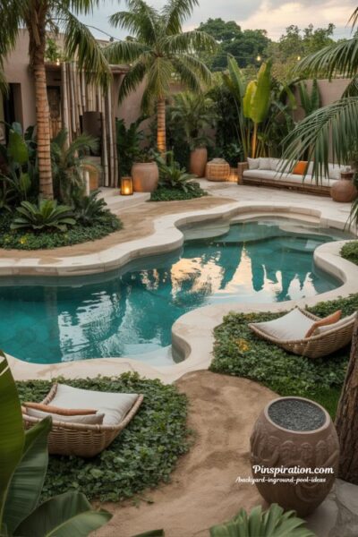 Tropical backyard pool ideas with lush palms and relaxing resort-style design