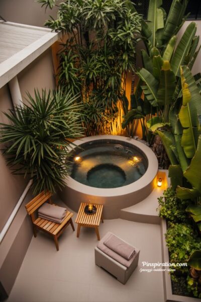 Tropical night spa jacuzzi outdoor ideas with warm lighting and peaceful backyard retreat design