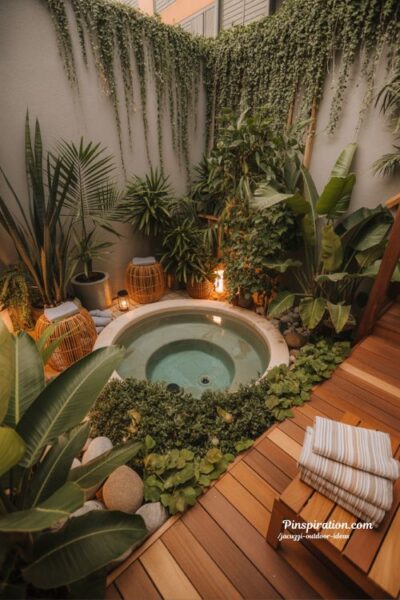 Tropical paradise jacuzzi outdoor ideas with bamboo plants wooden deck and lush backyard spa retreat