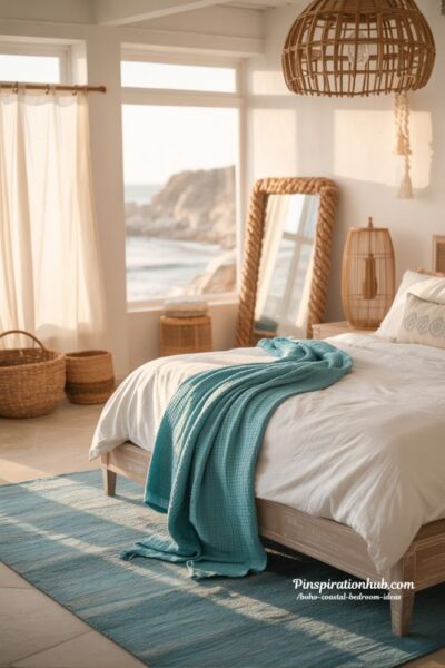 Turquoise boho coastal bedroom with woven textures rope mirror and ocean-inspired decor