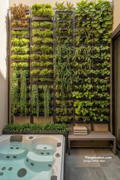 Vertical garden jacuzzi outdoor ideas for small backyard with wall planters and fresh green spa design