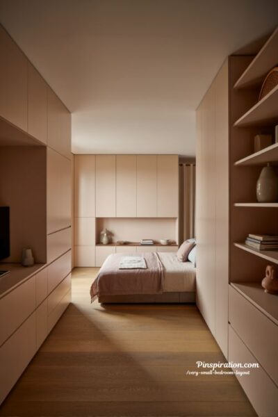 Very small bedroom layout with built in storage that blends into walls seamlessly