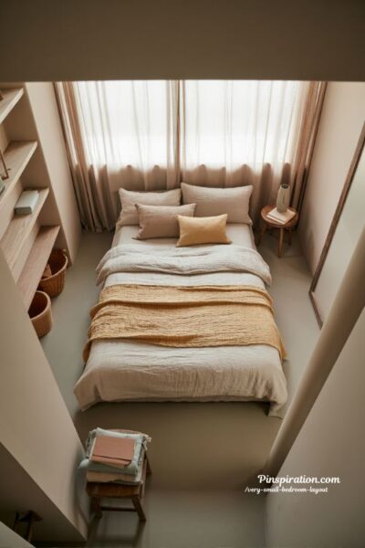 Very small bedroom layout with corner bed placement and cozy open flow
