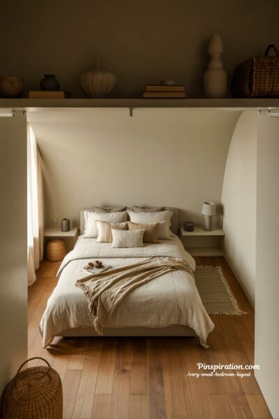 Very small bedroom layout with cozy corner bed and open floor space