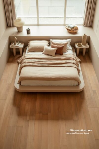Very small bedroom layout with floating bed design and light airy floor space