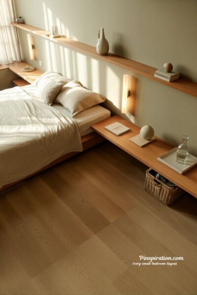 Very small bedroom layout with floating nightstands and open floor space