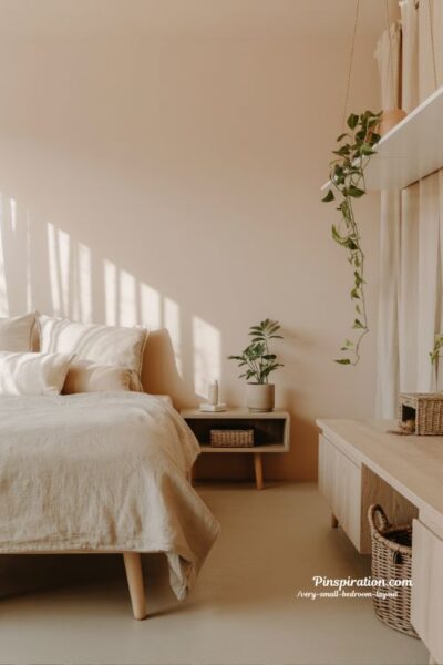 Very small bedroom layout with green plants that add soft natural life