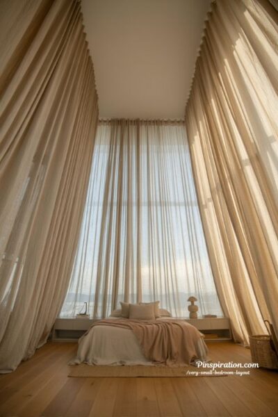 Very small bedroom layout with high hung curtains that make ceilings feel taller