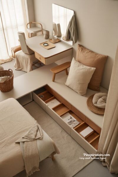 Very small bedroom layout with multi use furniture that saves space and adapts