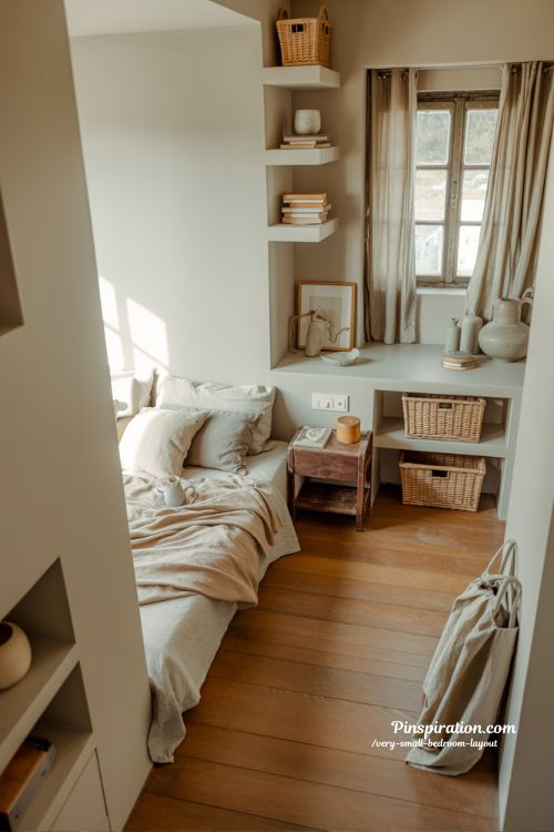 Very small bedroom layout with smart space saving cozy design ideas