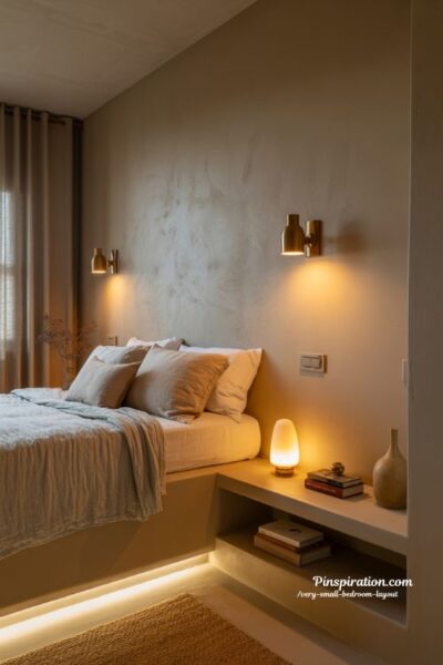 Very small bedroom layout with soft layered lighting and cozy warm atmosphere