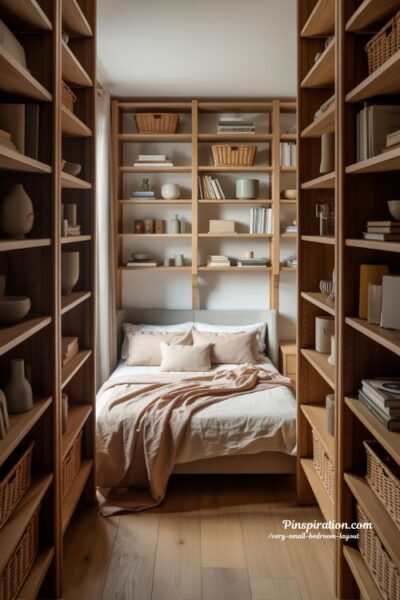 Very small bedroom layout with tall vertical storage and open airy feel