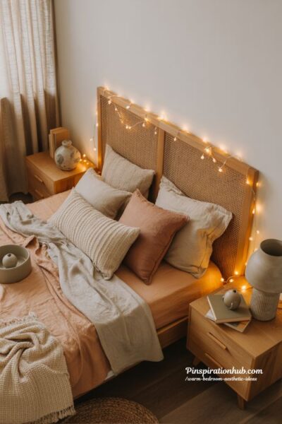 Warm bedroom aesthetic with fairy lights around headboard cozy soft ambient bedroom lighting